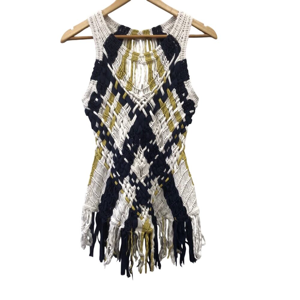 Fiets Voor Top Womens XS Woven Knit White Yellow Blue Fringed